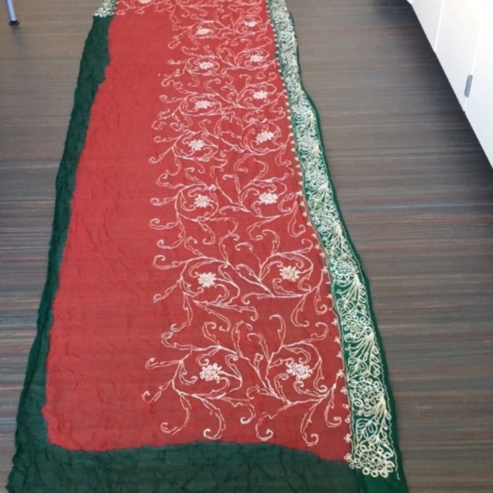 Vintage saree fabric, embroidered, rayon, green and red